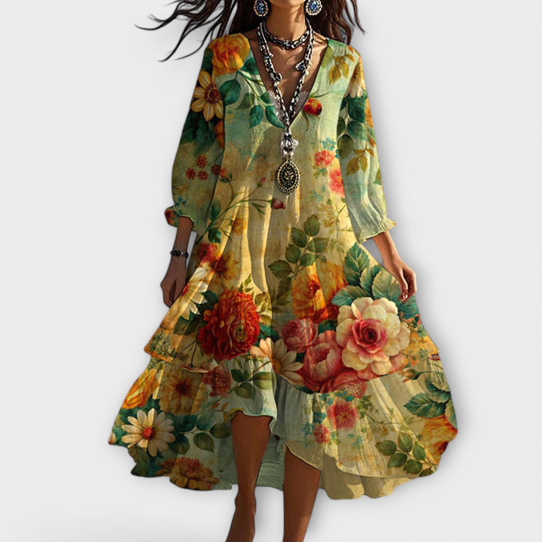 Bettina | Stilfuld Blomstret V-Neck Midi Kjole