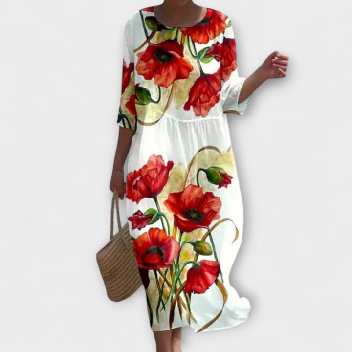 Sofie | Stilfuld Blomstret Midi Kjole