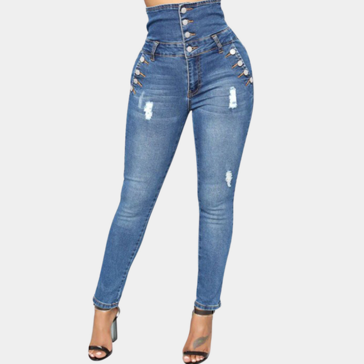 Katja | Højtaljede Slidte Skinny Jeans med Knapper