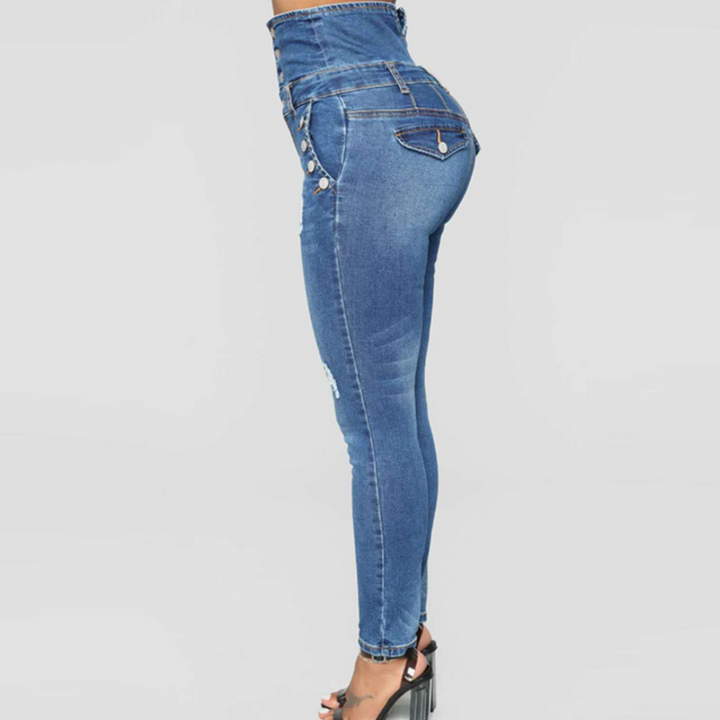 Katja | Højtaljede Slidte Skinny Jeans med Knapper